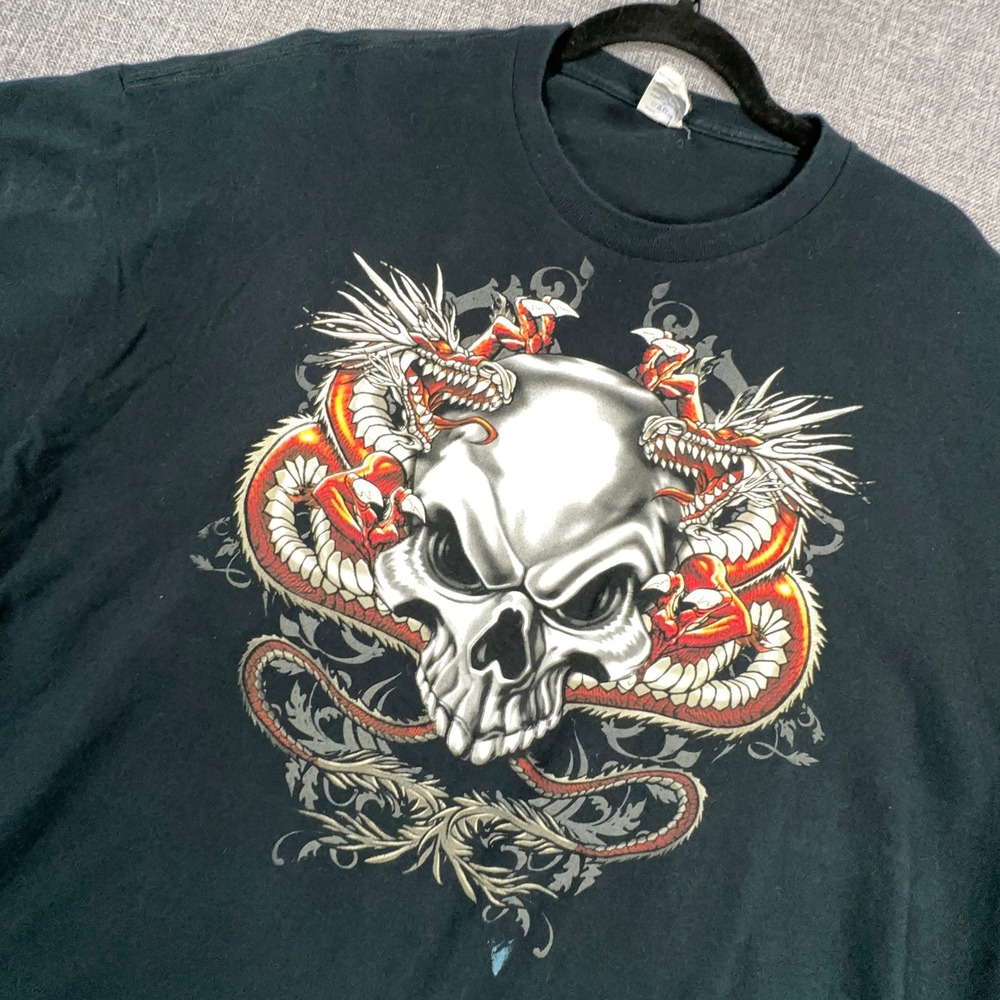 Vintage Y2K Skull Dragons Graphic T-Shirt Mens 2XL (Slim Fit) Faded Black Gildan